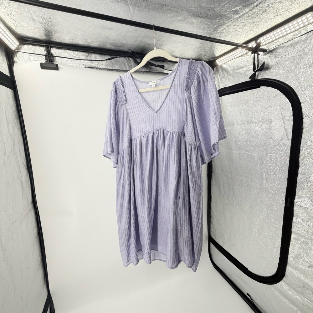 Mittoshop Lavender Purple Textured V-Neck Babydoll Mini Dress Puff Sleeve Medium